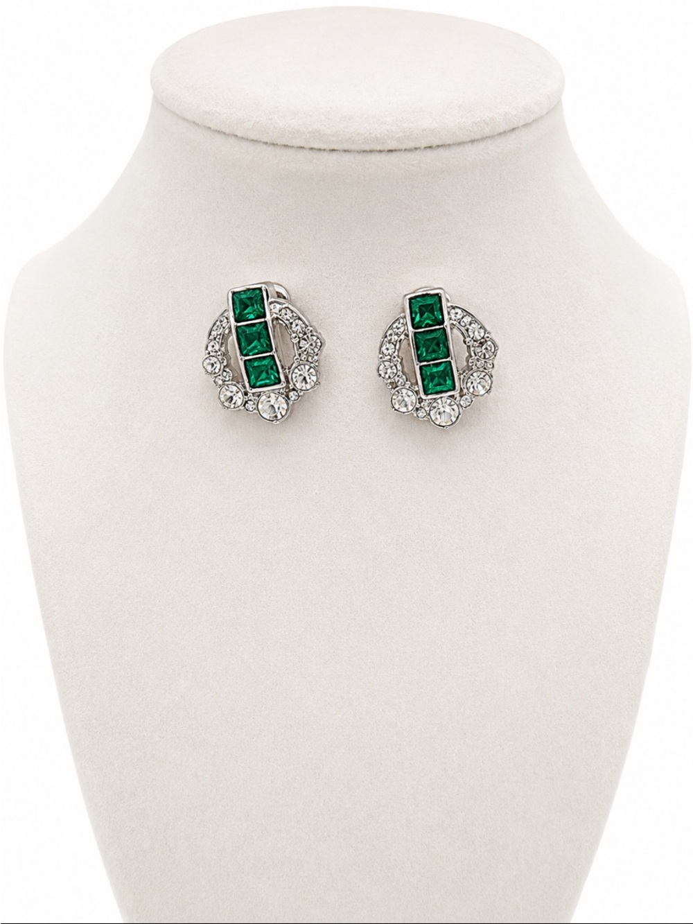 Emerald Green & Clear Rhinestone Silver-Tone Screw Back Earrings “VTG”
